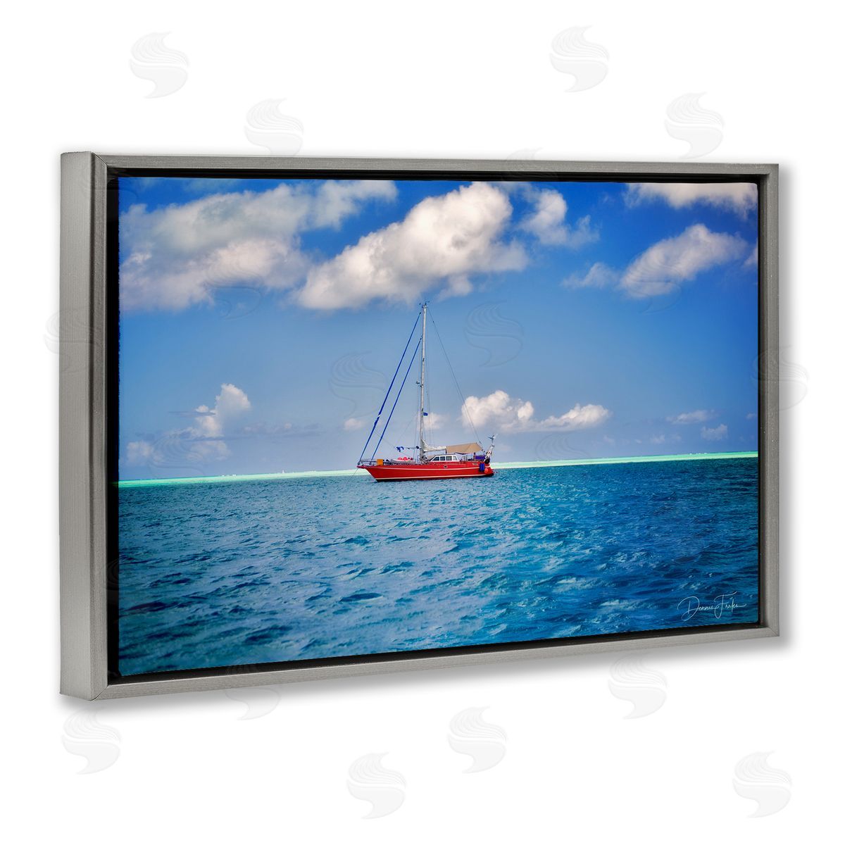 Dennis Frates Ship & Cloudy Sea Gray Floating Frame Canvas Wall Art Print