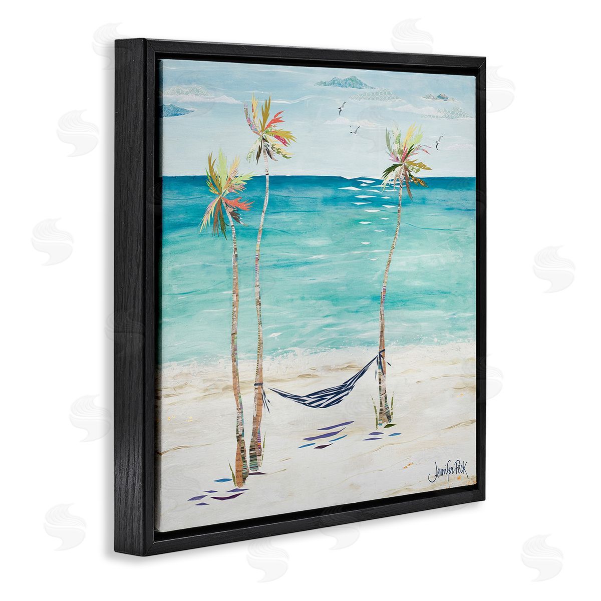 Hammock and Three Palms Black Floating Frame Canvas Wall Art, Home Decor by Jennifer Peck