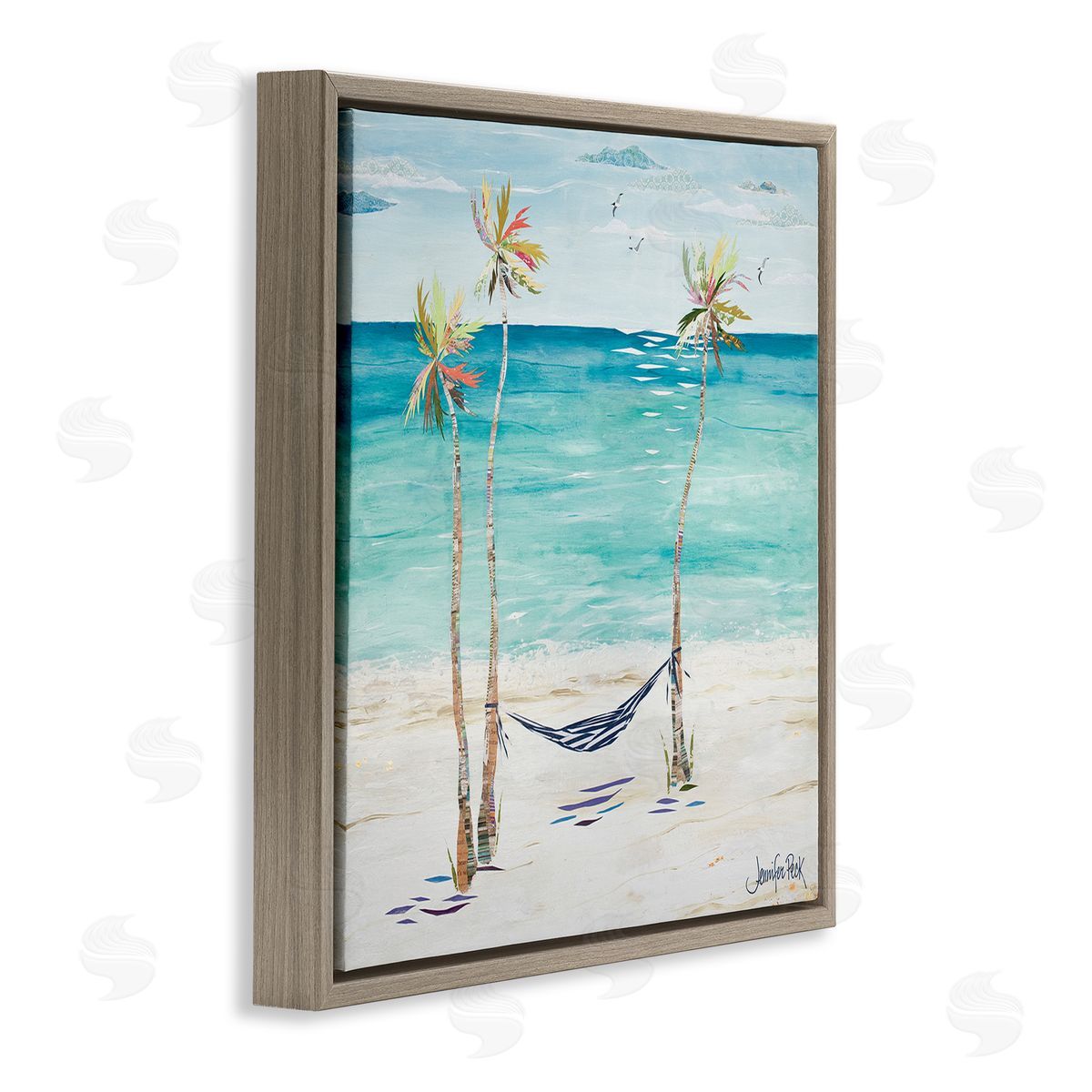 Hammock and Three Palms Brown Floating Frame Canvas Wall Art, Home Decor by Jennifer Peck