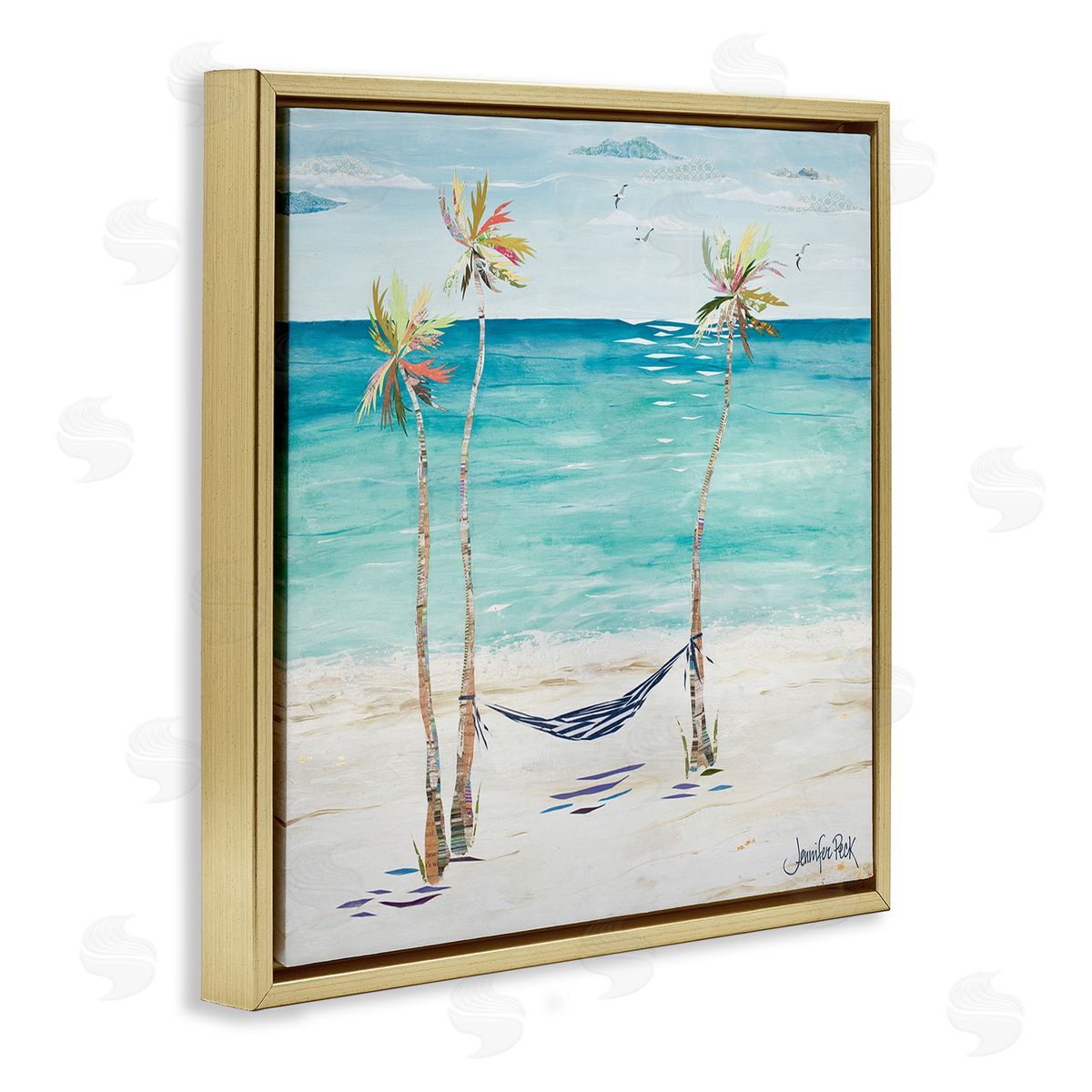 Hammock and Three Palms Gold Floating Frame Canvas Wall Art, Home Decor by Jennifer Peck
