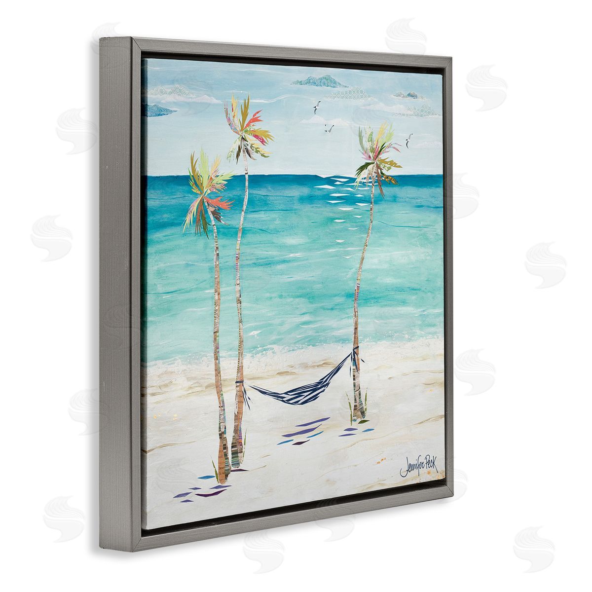 Hammock and Three Palms Grey Floating Frame Canvas Wall Art, Home Decor by Jennifer Peck