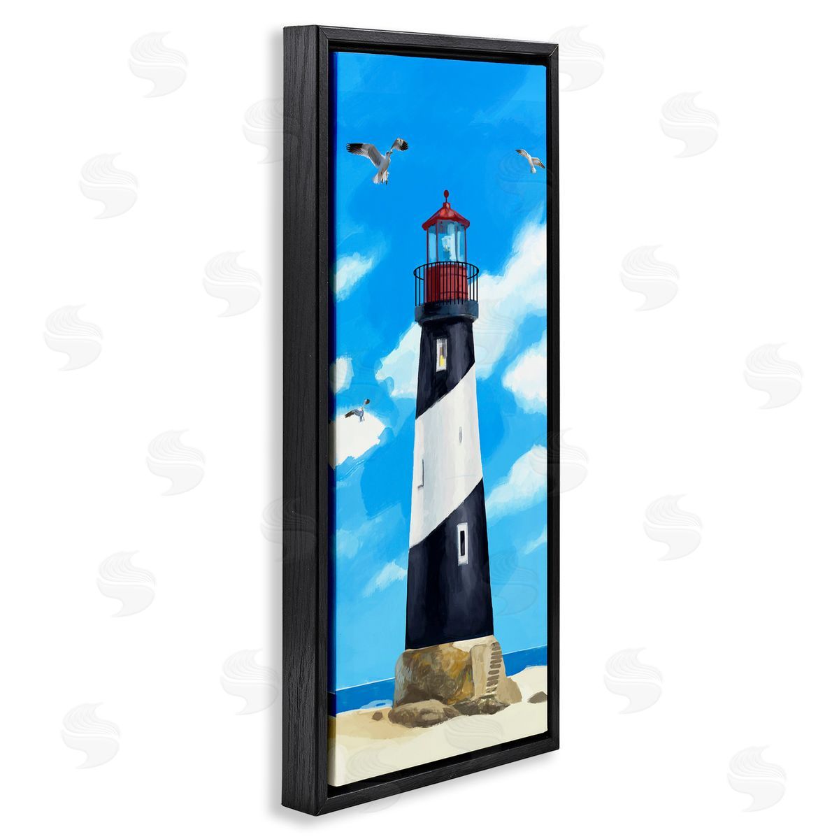 Lighthouse on Beach Black Floating Frame Canvas Wall Art, Home Decor by Lucca Sheppard