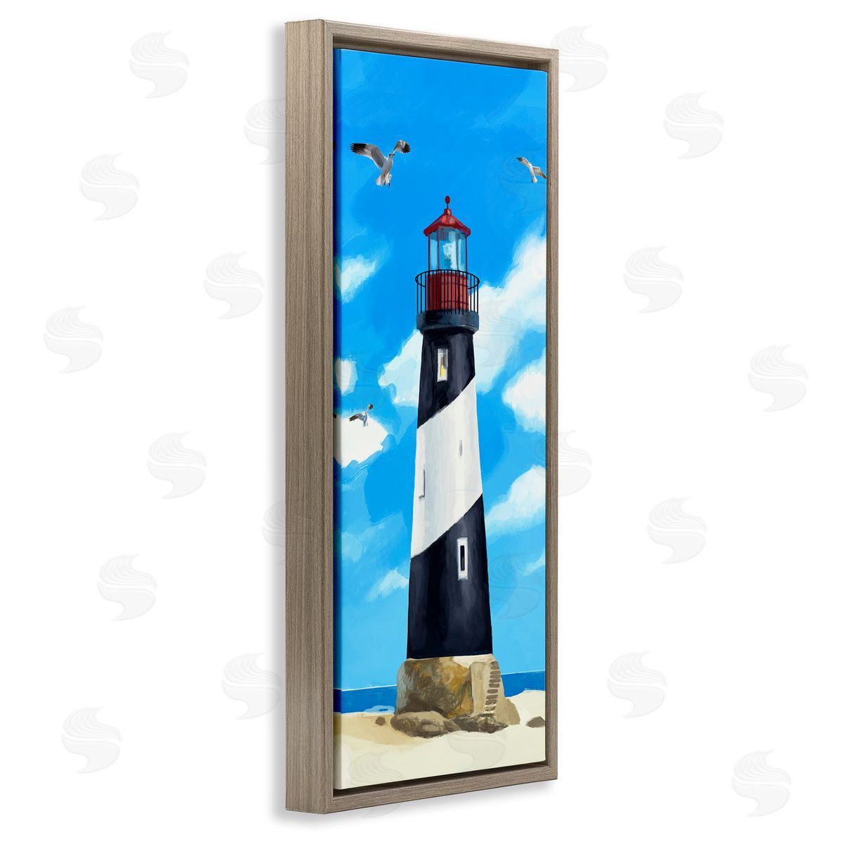 Lighthouse on Beach Brown Floating Frame Canvas Wall Art, Home Decor by Lucca Sheppard