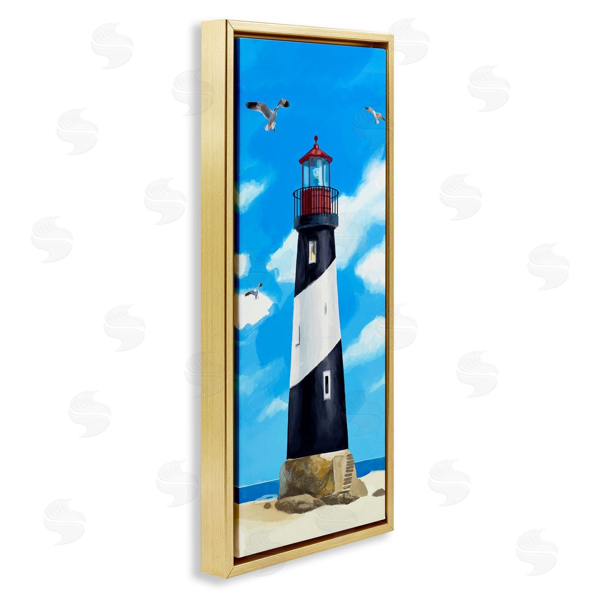 Lighthouse on Beach Gold Floating Frame Canvas Wall Art, Home Decor by Lucca Sheppard