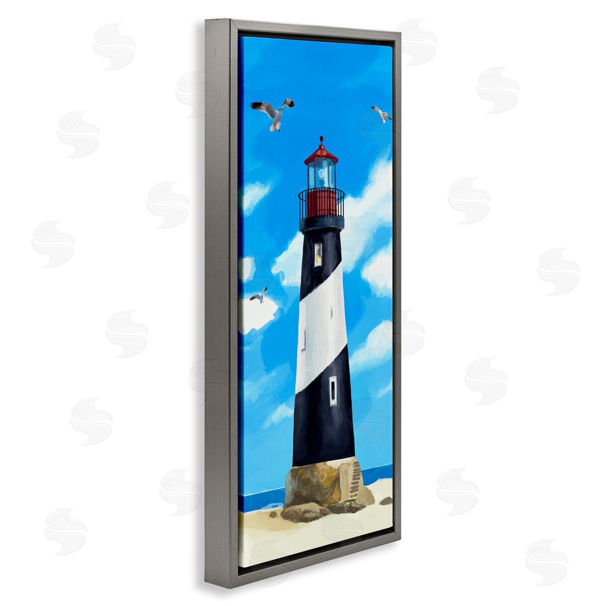 Lighthouse on Beach Grey Floating Frame Canvas Wall Art, Home Decor by Lucca Sheppard