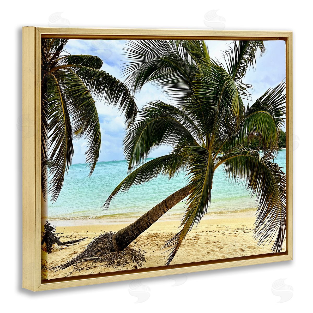Leaning Palms on Beach Gold Floating Frame Canvas Wall Art, Home Decor by Kali Wilson