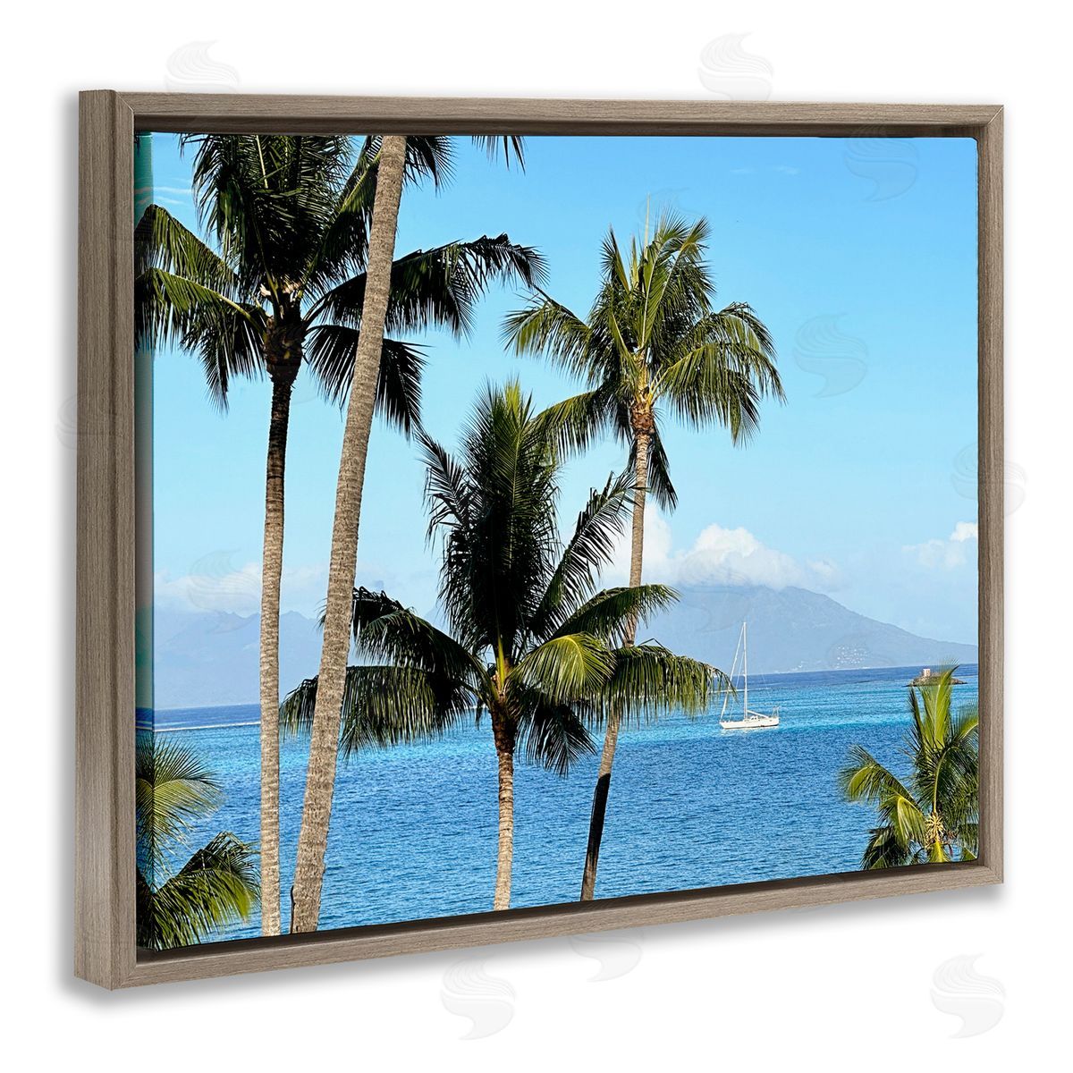 Palm Trees and Sailboat Brown Floating Frame Canvas Wall Art, Home Decor by Kali Wilson