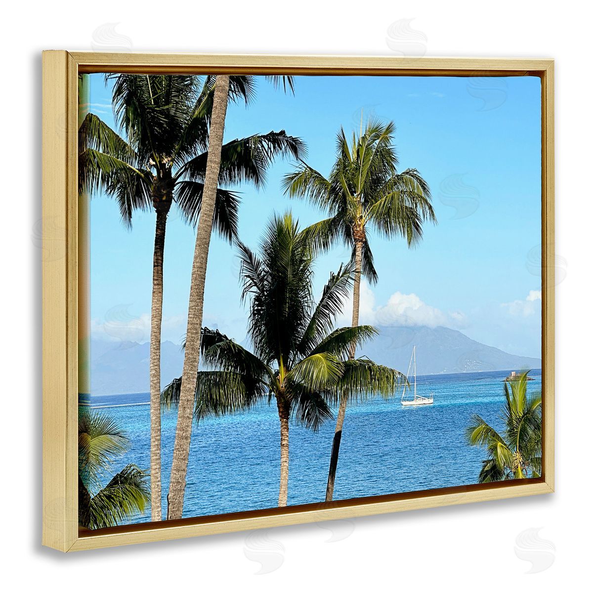 Palm Trees and Sailboat Gold Floating Frame Canvas Wall Art, Home Decor by Kali Wilson