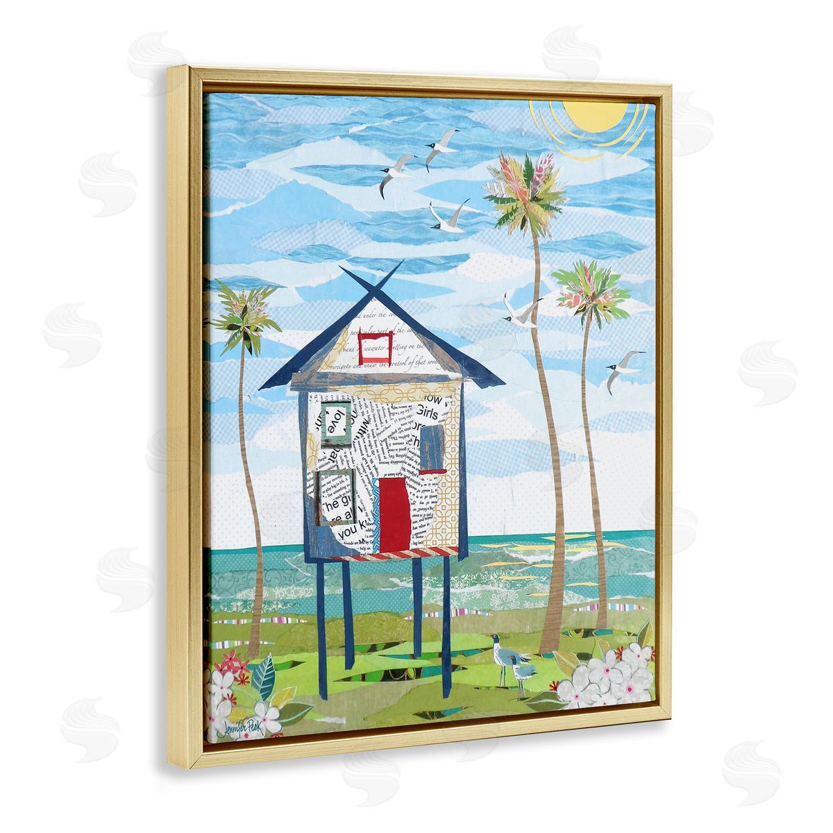 Beach Vacation Getaway Gold Floating Frame Canvas Wall Art, Home Decor by Jennifer Peck