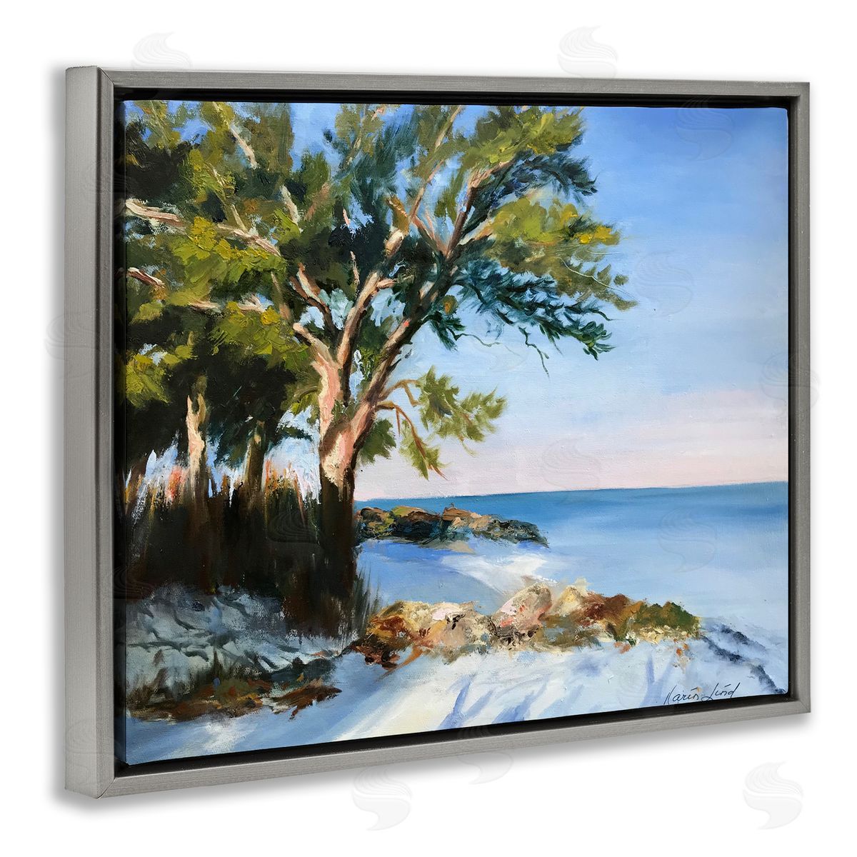 White Sand Beach Grey Floating Frame Canvas Wall Art, Home Decor by Karen Lind