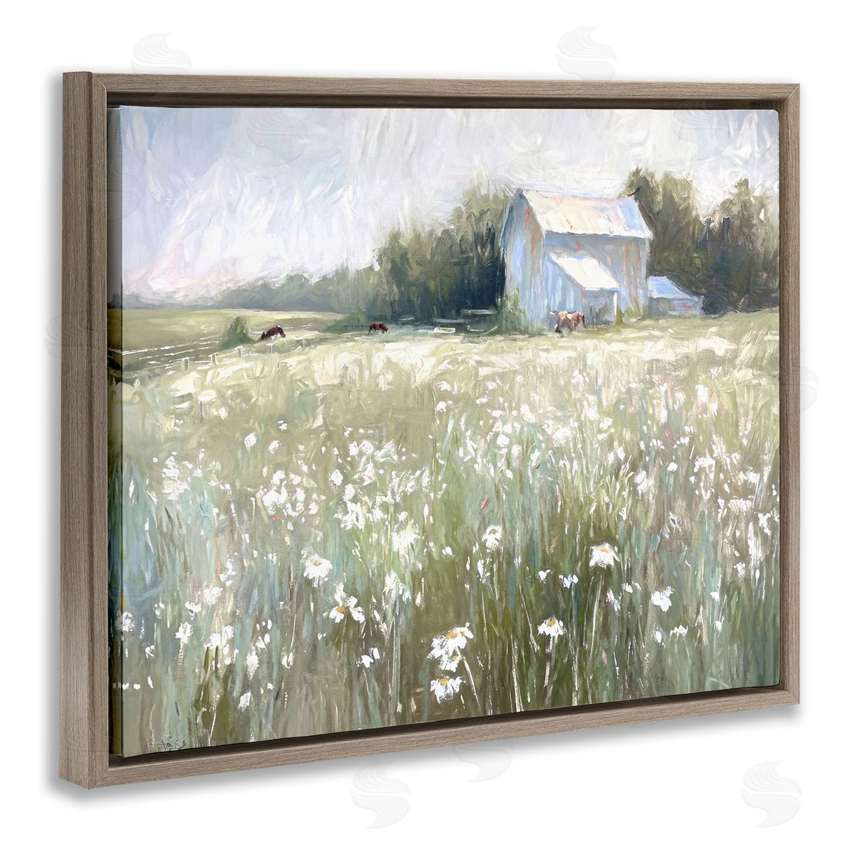 Peaceful Pasture Meadow Brown Floating Frame Canvas Wall Art, Home Decor by Ramona Murdock