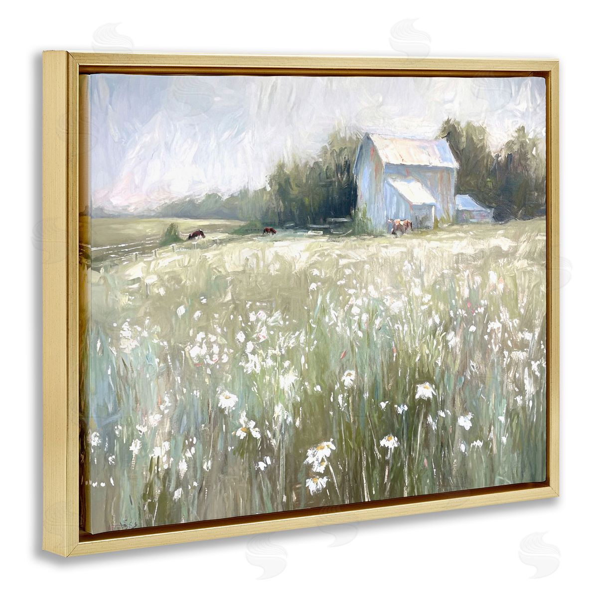 Peaceful Pasture Meadow Gold Floating Frame Canvas Wall Art, Home Decor by Ramona Murdock