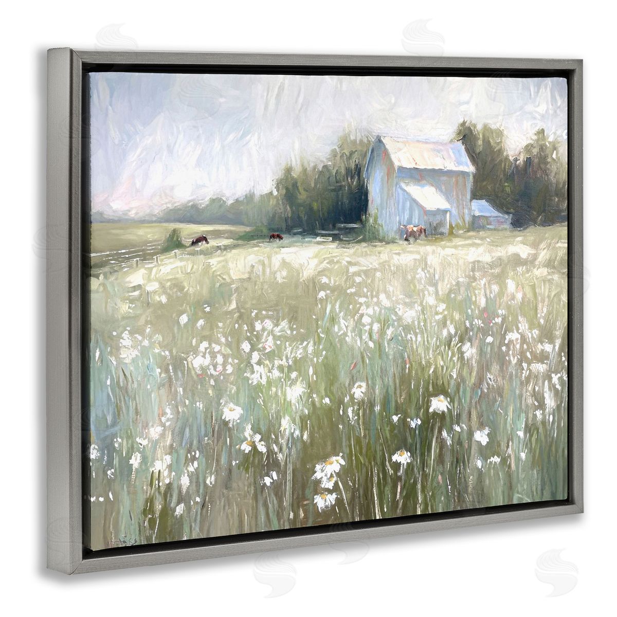 Peaceful Pasture Meadow Grey Floating Frame Canvas Wall Art, Home Decor by Ramona Murdock