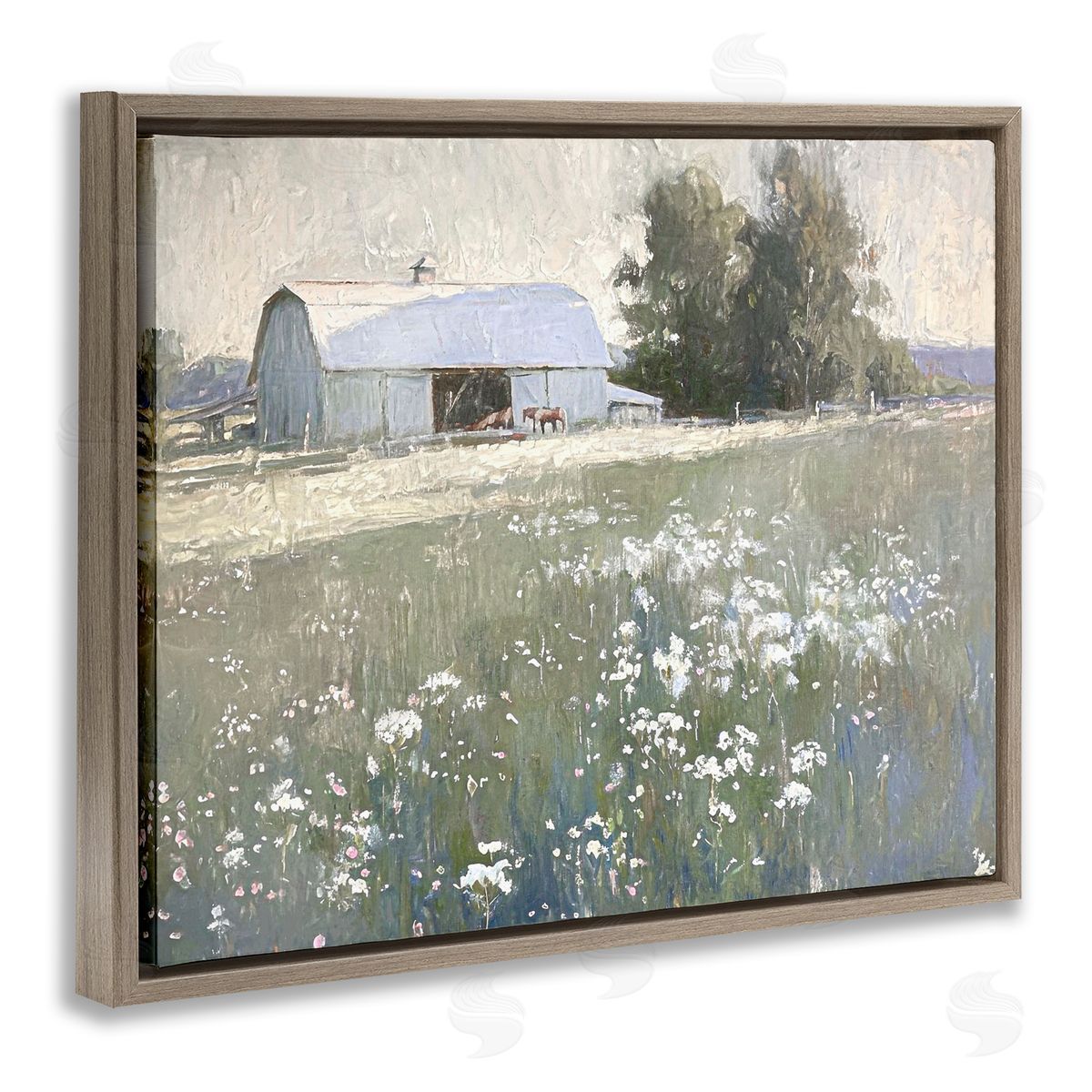 Peaceful Farm Pasture Brown Floating Frame Canvas Wall Art, Home Decor by Ramona Murdock