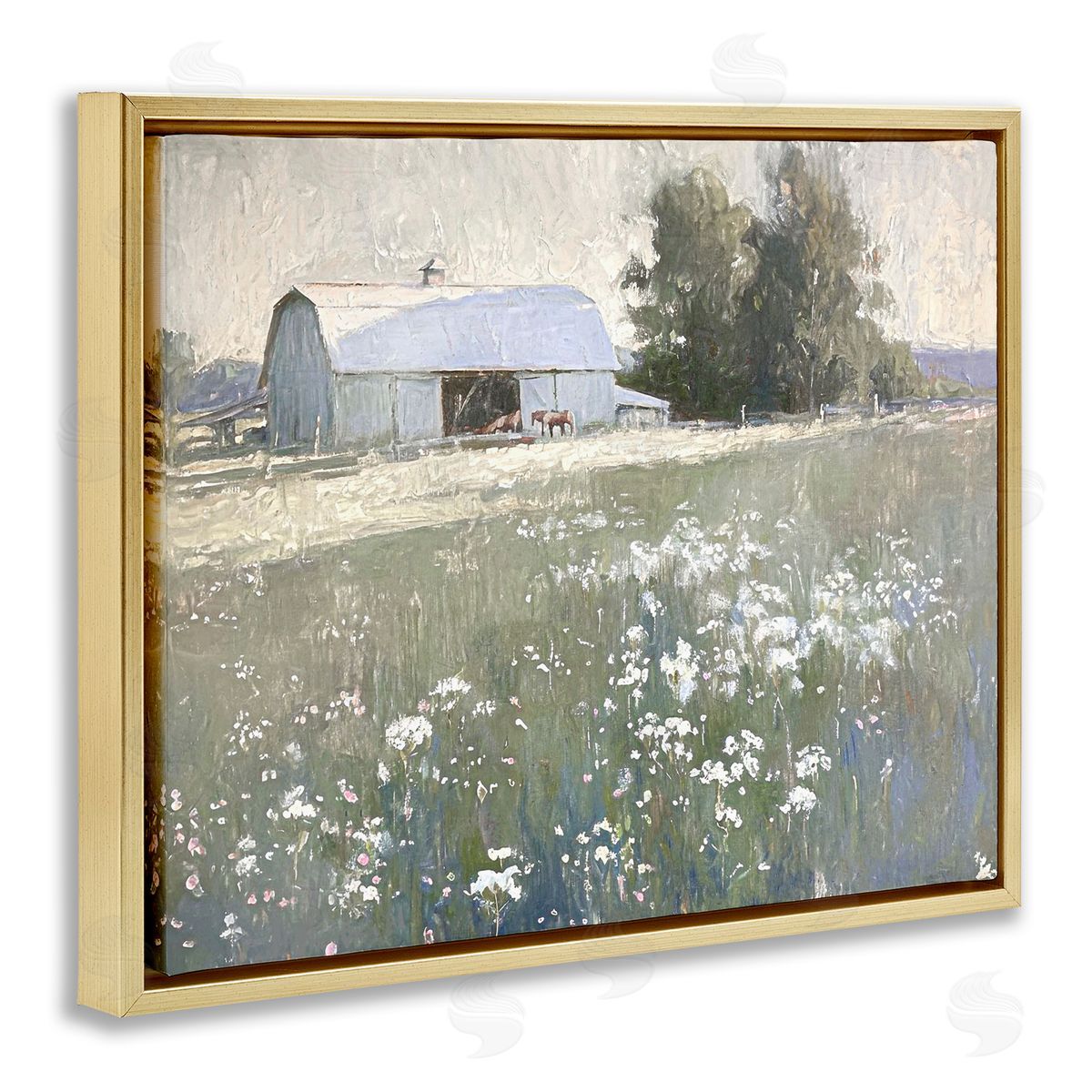 Peaceful Farm Pasture Gold Floating Frame Canvas Wall Art, Home Decor by Ramona Murdock