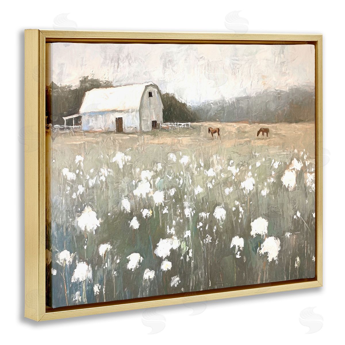 Peaceful Horse Pasture Gold Floating Frame Canvas Wall Art, Home Decor by Ramona Murdock