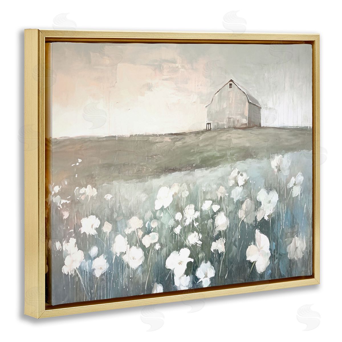 Peaceful Floral Pasture Gold Floating Frame Canvas Wall Art, Home Decor by Ramona Murdock