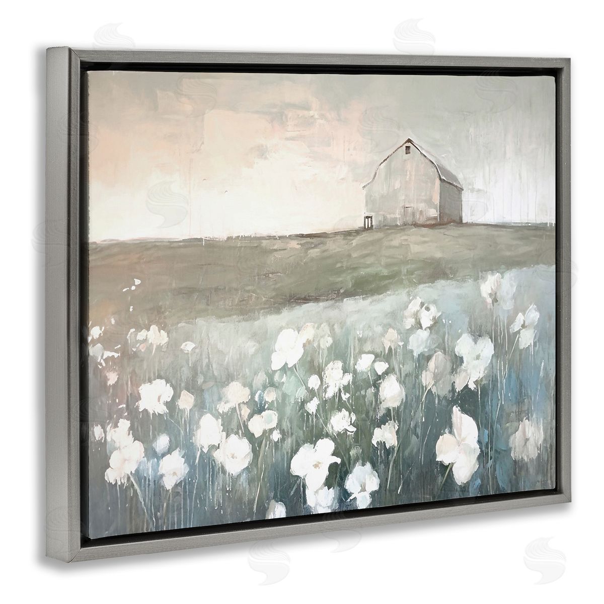Peaceful Floral Pasture Grey Floating Frame Canvas Wall Art, Home Decor by Ramona Murdock