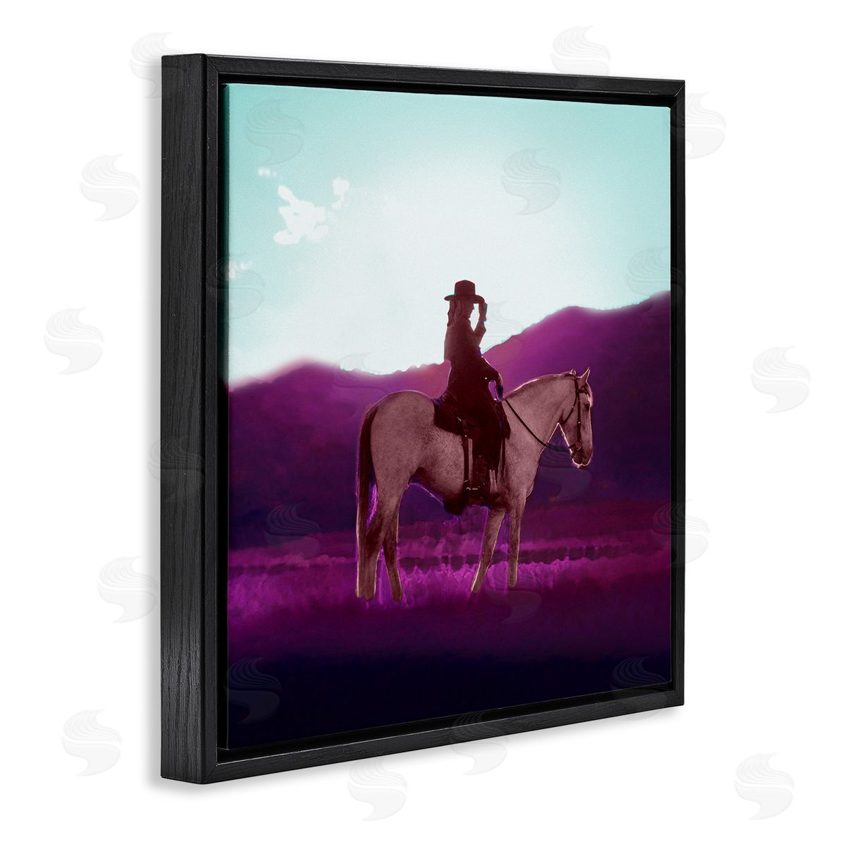 Cowgirl and Purple Mountains Black Floating Frame Canvas Wall Art, Home Decor by Sd Graphics Studio