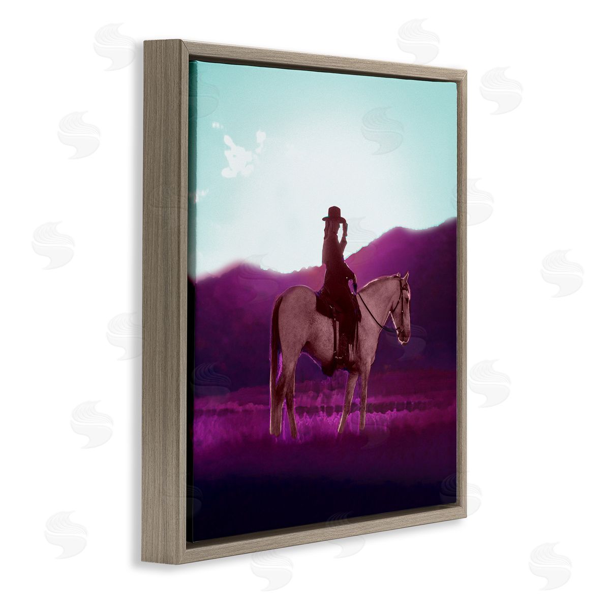 Cowgirl and Purple Mountains Brown Floating Frame Canvas Wall Art, Home Decor by Sd Graphics Studio