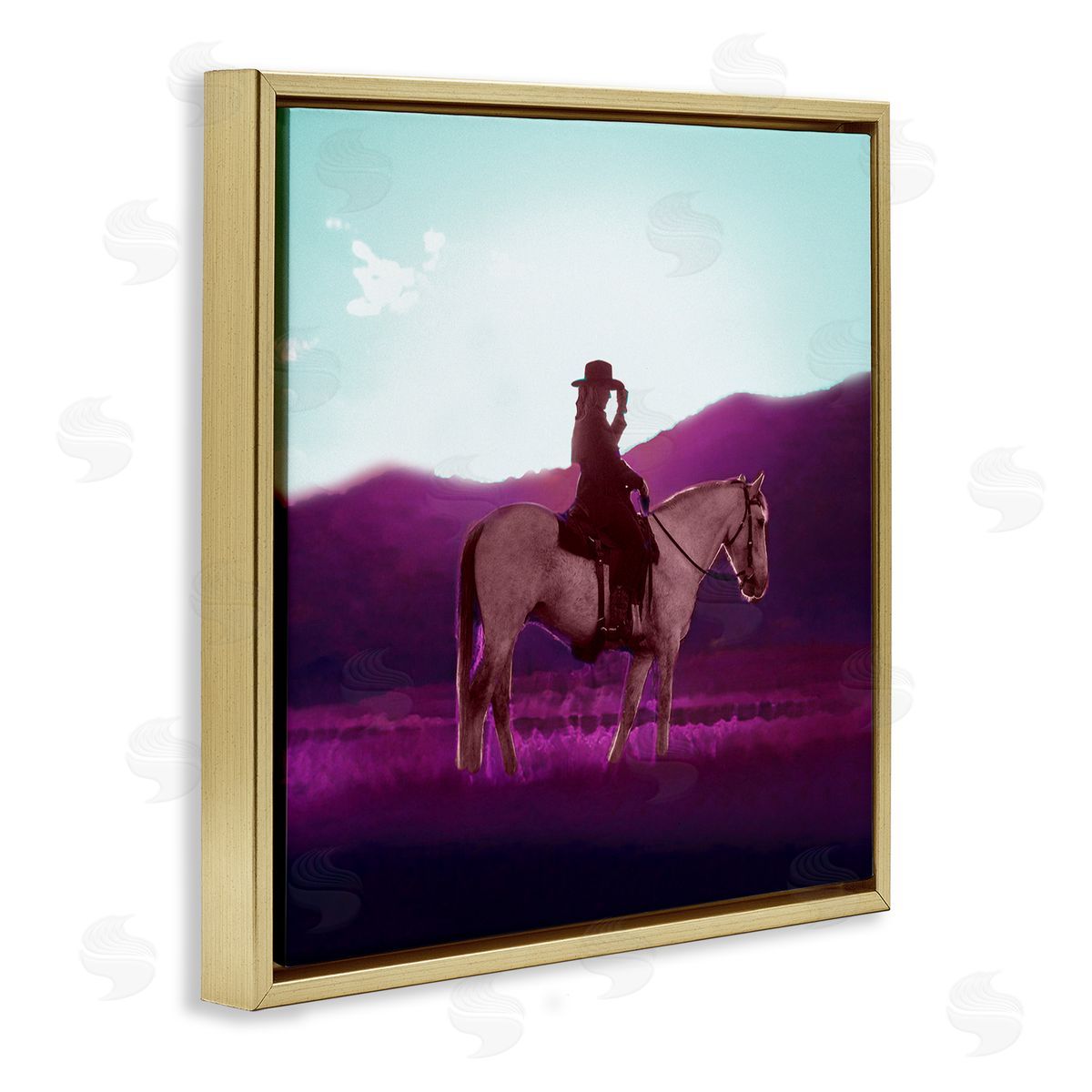 Cowgirl and Purple Mountains Gold Floating Frame Canvas Wall Art, Home Decor by Sd Graphics Studio