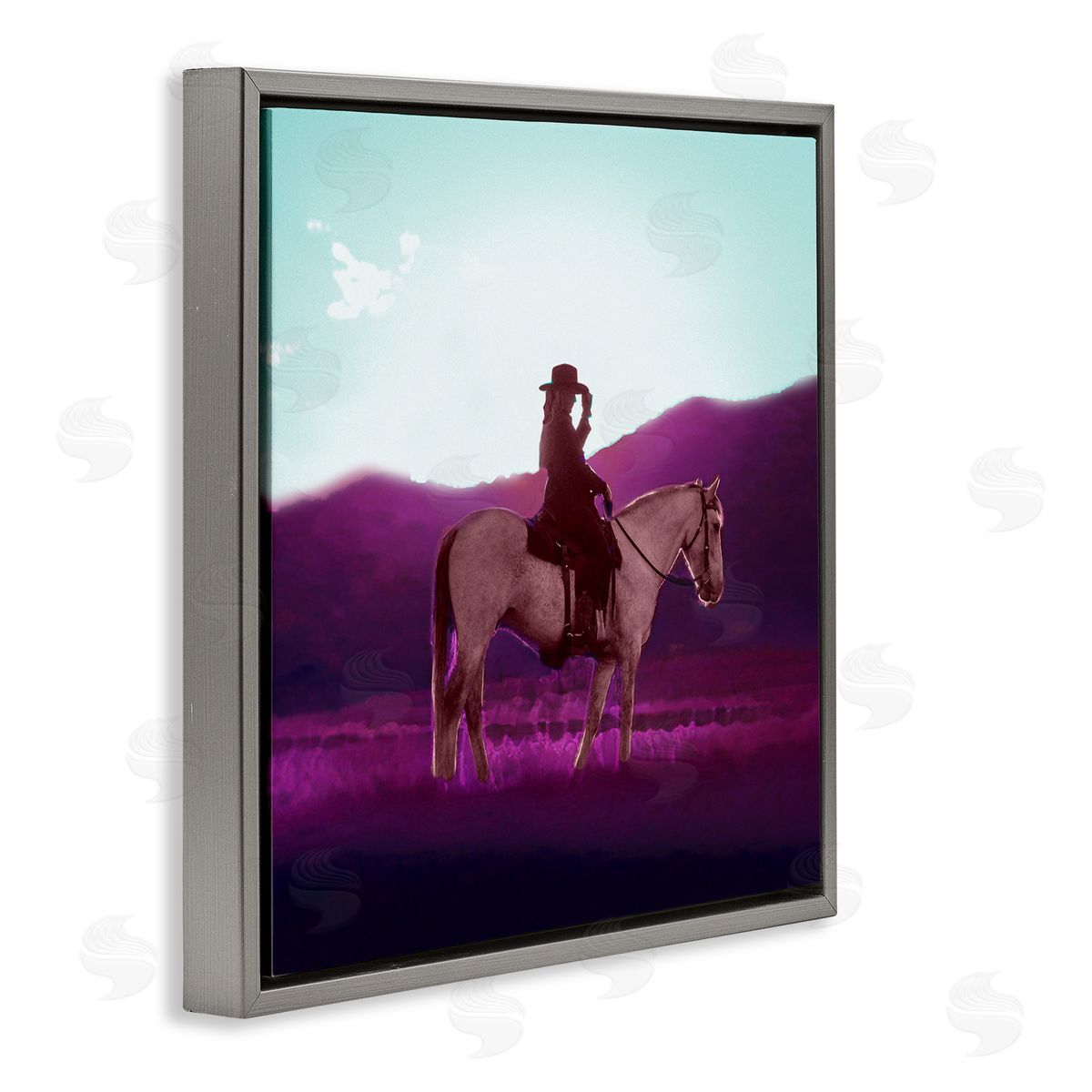 Cowgirl and Purple Mountains Grey Floating Frame Canvas Wall Art, Home Decor by Sd Graphics Studio