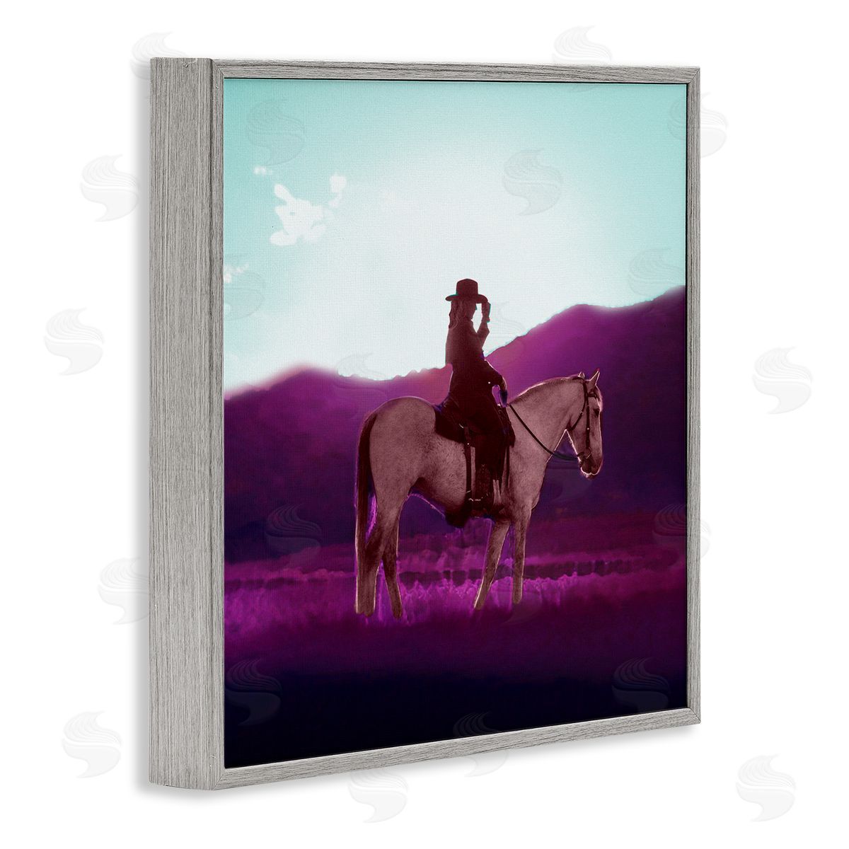 Cowgirl and Purple Mountains Grey Frame Print Wall Art, Home Decor by Sd Graphics Studio