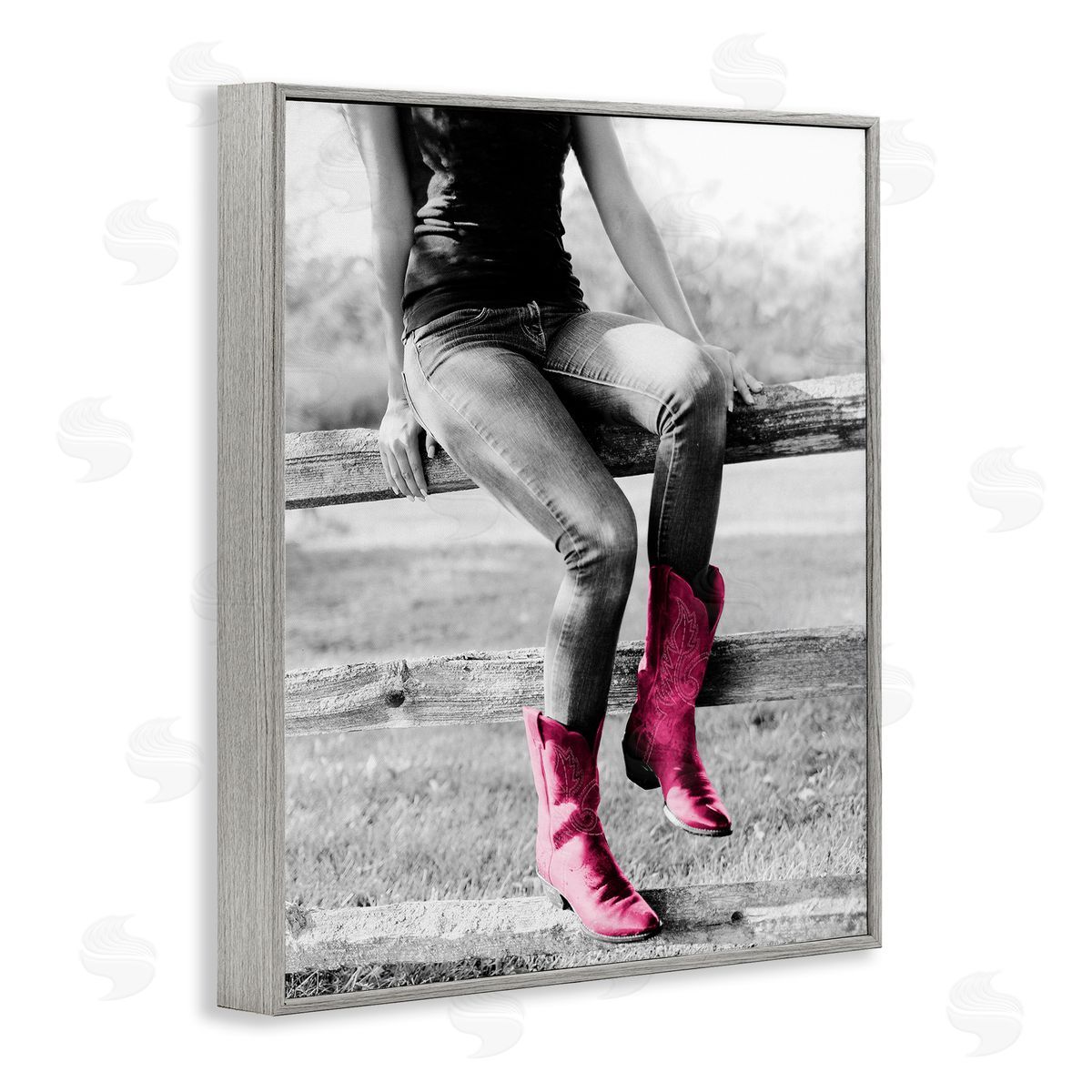Glam Cowgirl in Boots Grey Frame Print Wall Art, Home Decor by Sd Graphics Studio