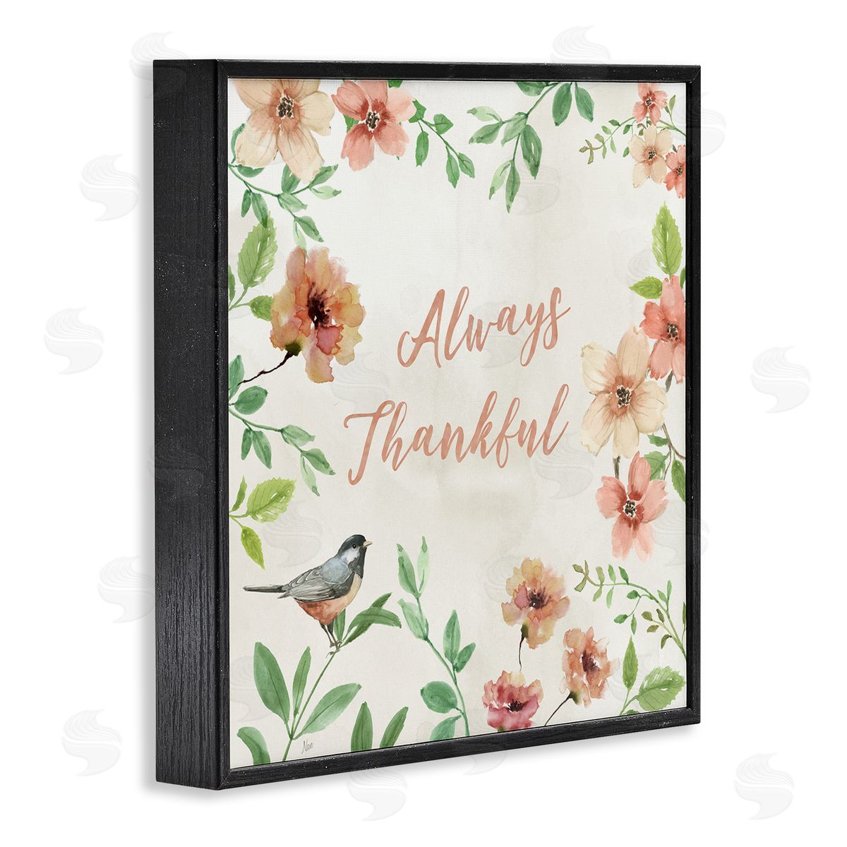 Always Thankful Floral Black Frame Print Wall Art, Home Decor by Nan