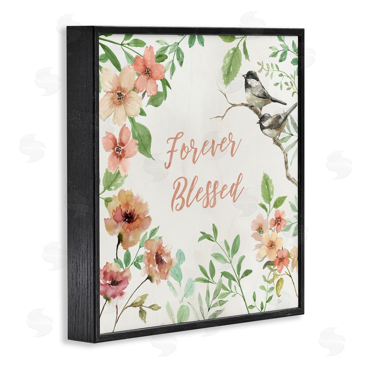 Forever Blessed Floral Black Frame Print Wall Art, Home Decor by Nan