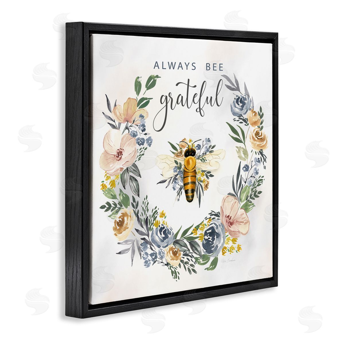 Country Bee Grateful Black Floating Frame Canvas Wall Art, Home Decor by Kristen Brockman