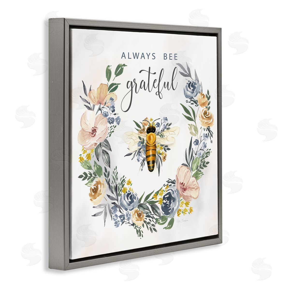 Country Bee Grateful Grey Floating Frame Canvas Wall Art, Home Decor by Kristen Brockman