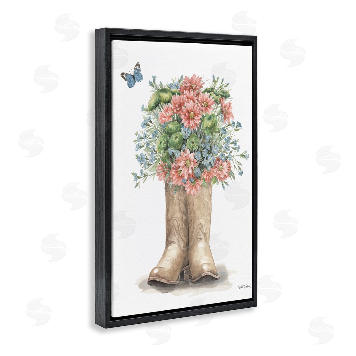 Western Wildflower Boots Black Floating Frame Canvas Wall Art, Home Decor by Leslie Trimbach
