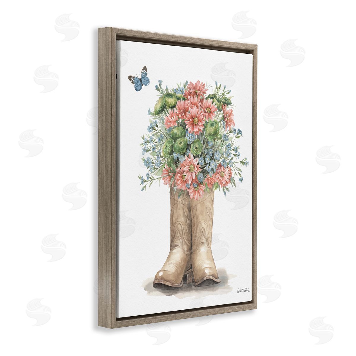 Western Wildflower Boots Brown Floating Frame Canvas Wall Art, Home Decor by Leslie Trimbach