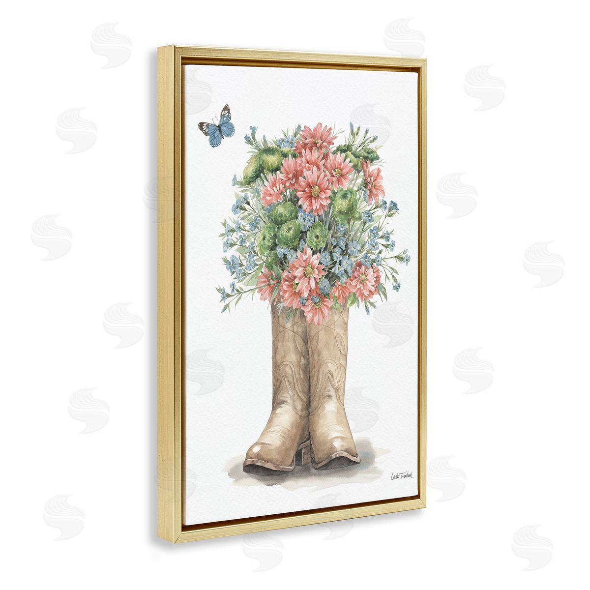 Western Wildflower Boots Gold Floating Frame Canvas Wall Art, Home Decor by Leslie Trimbach