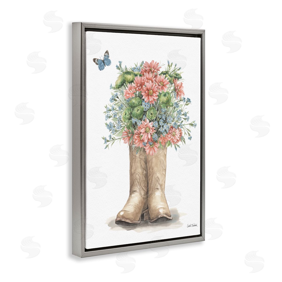 Western Wildflower Boots Grey Floating Frame Canvas Wall Art, Home Decor by Leslie Trimbach