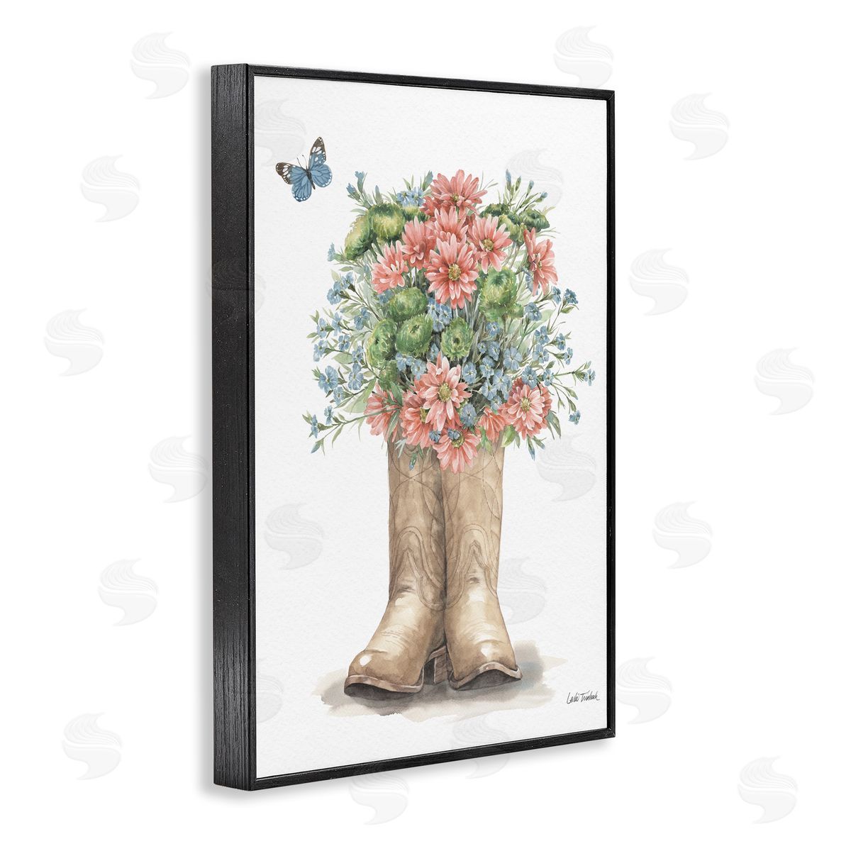 Western Wildflower Boots Black Frame Print Wall Art, Home Decor by Leslie Trimbach