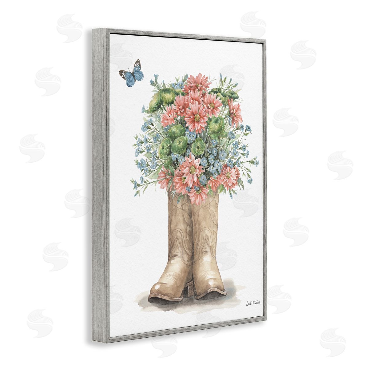 Western Wildflower Boots Grey Frame Print Wall Art, Home Decor by Leslie Trimbach