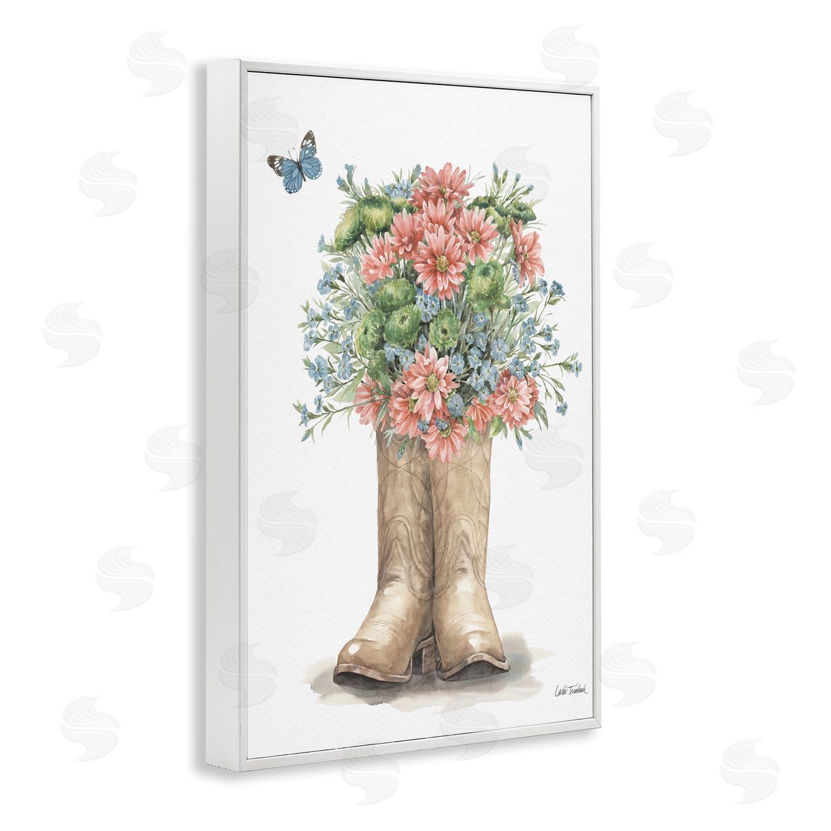 Western Wildflower Boots White Frame Print Wall Art, Home Decor by Leslie Trimbach