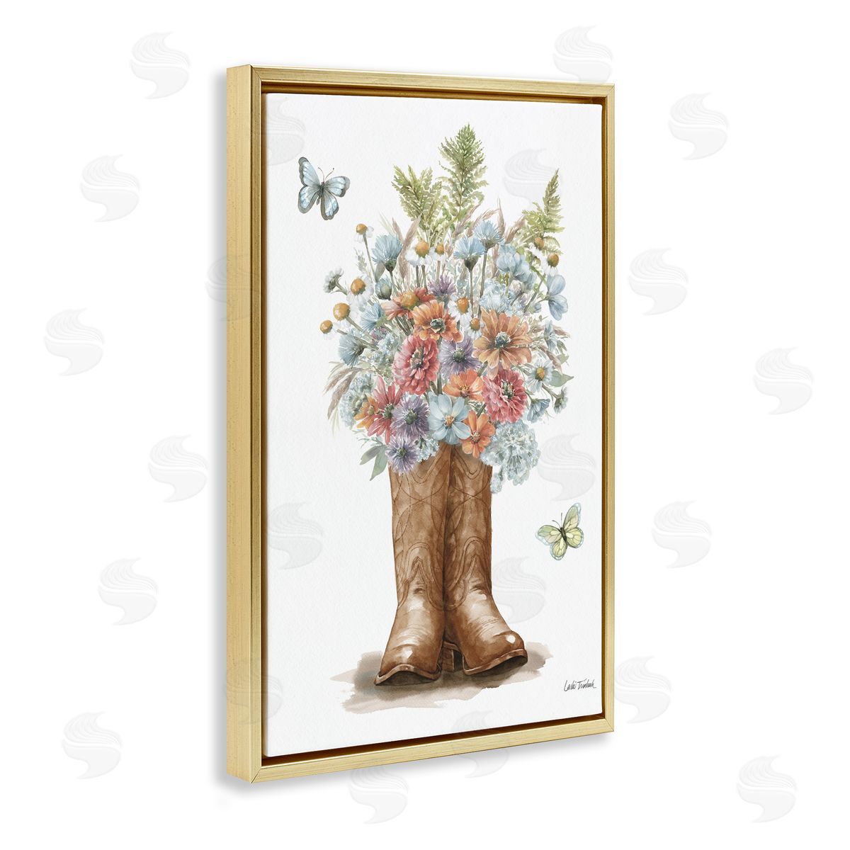Wildflower Western Bouquet Gold Floating Frame Canvas Wall Art, Home Decor by Leslie Trimbach