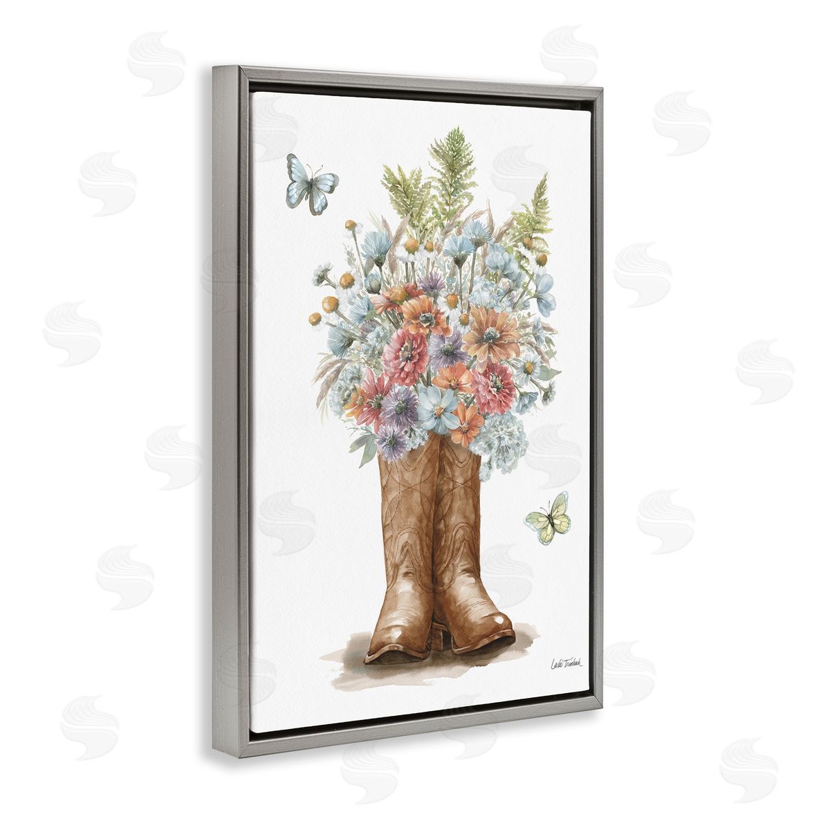 Wildflower Western Bouquet Grey Floating Frame Canvas Wall Art, Home Decor by Leslie Trimbach