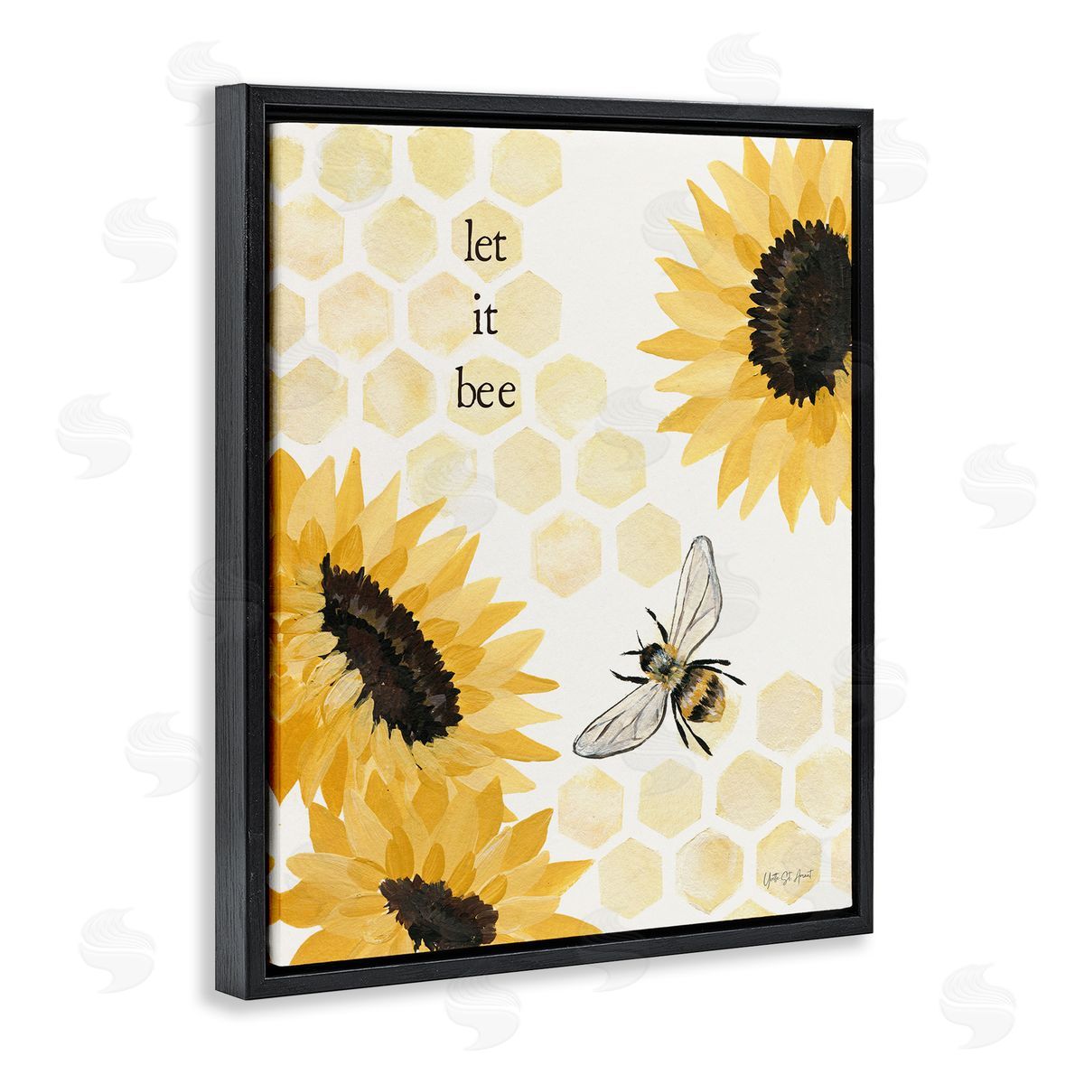 Let It Bee Honeycomb Black Floating Frame Canvas Wall Art, Home Decor by Julia Purinton