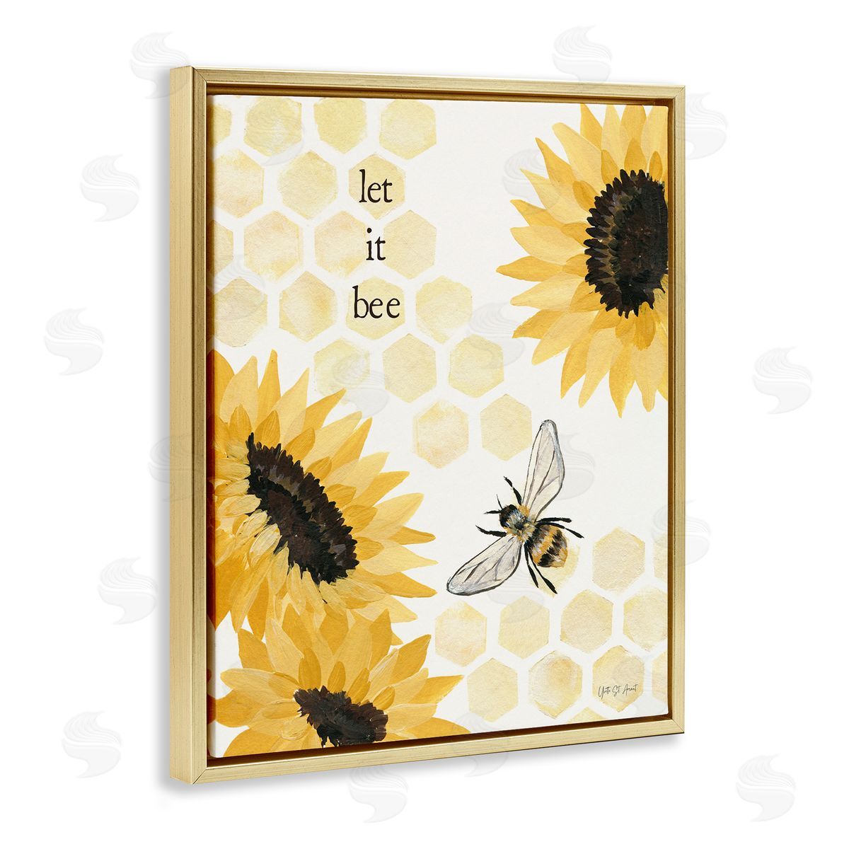 Let It Bee Honeycomb Gold Floating Frame Canvas Wall Art, Home Decor by Julia Purinton
