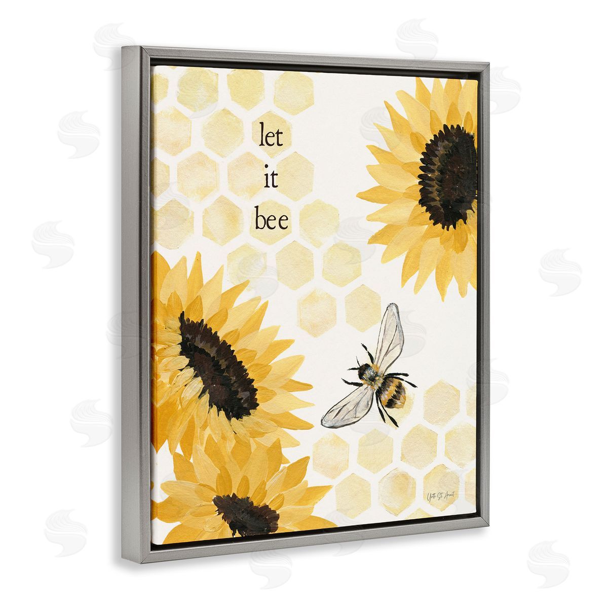 Let It Bee Honeycomb Grey Floating Frame Canvas Wall Art, Home Decor by Julia Purinton