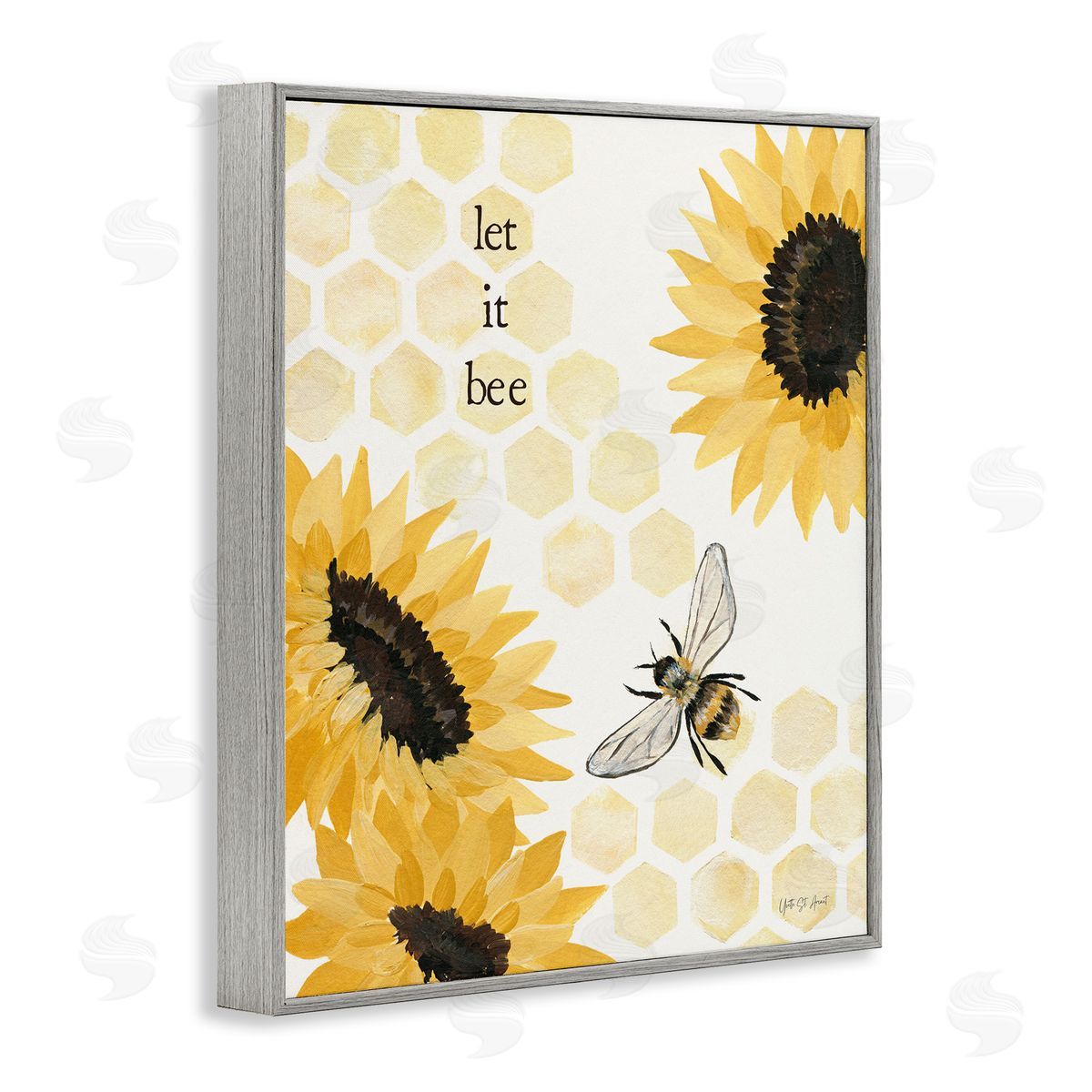 Let It Bee Honeycomb Grey Frame Print Wall Art, Home Decor by Julia Purinton