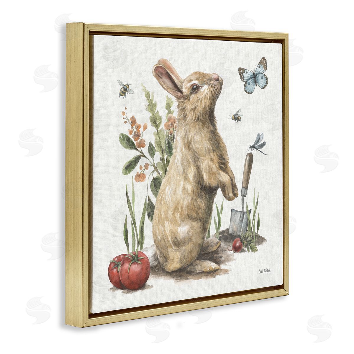 Garden Patch Rabbit Gold Floating Frame Canvas Wall Art, Home Decor by Leslie Trimbach