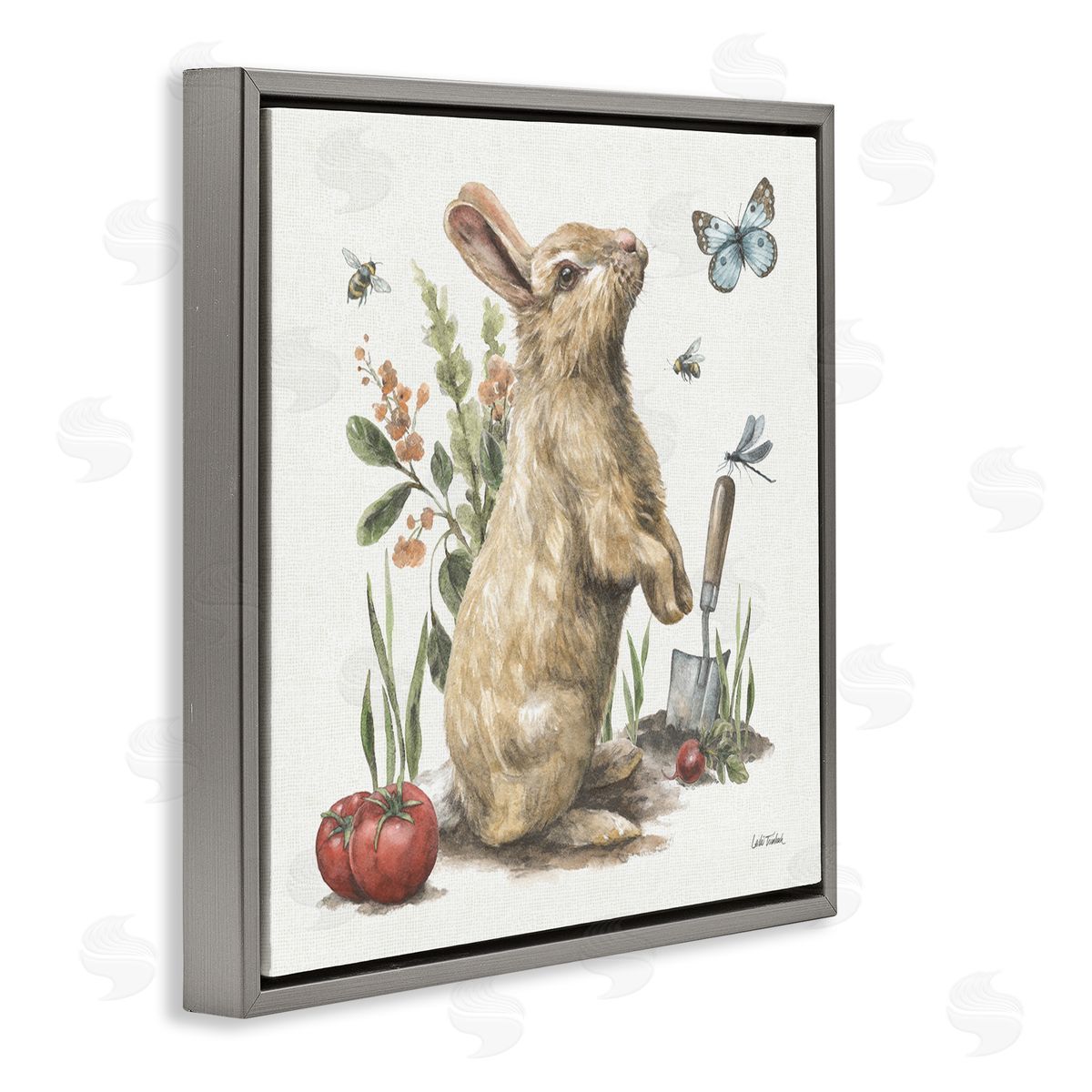 Garden Patch Rabbit Grey Floating Frame Canvas Wall Art, Home Decor by Leslie Trimbach