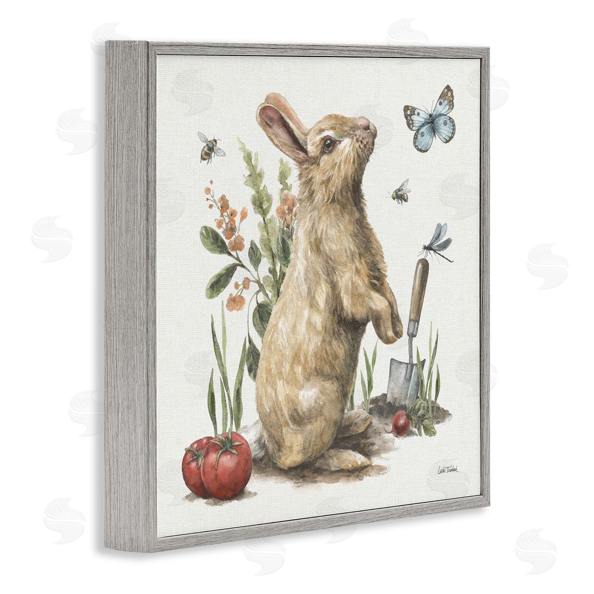 Garden Patch Rabbit Grey Frame Print Wall Art, Home Decor by Leslie Trimbach