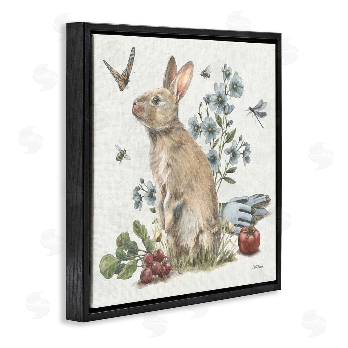 Garden Patch Bunny Black Floating Frame Canvas Wall Art, Home Decor by Leslie Trimbach