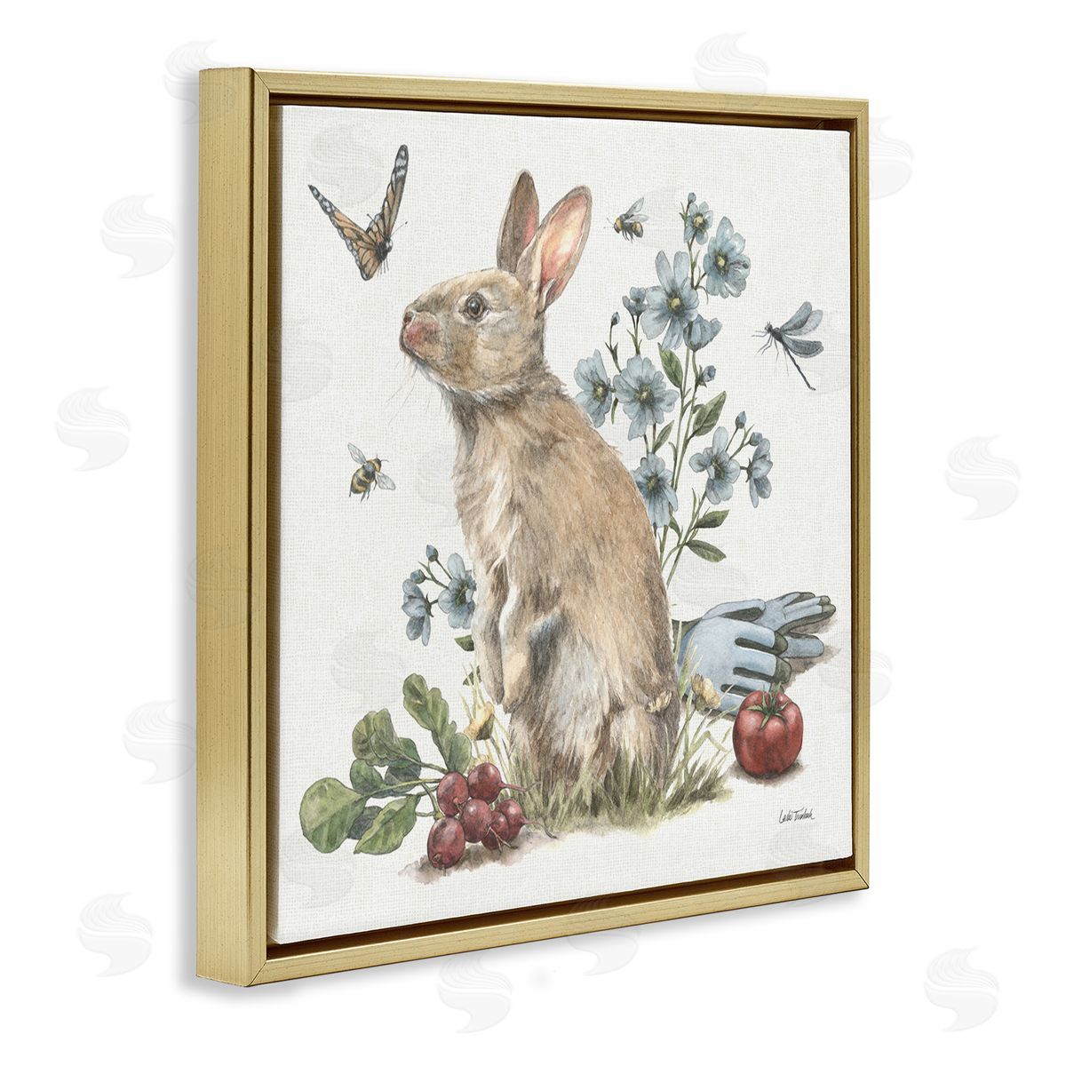 Garden Patch Bunny Gold Floating Frame Canvas Wall Art, Home Decor by Leslie Trimbach